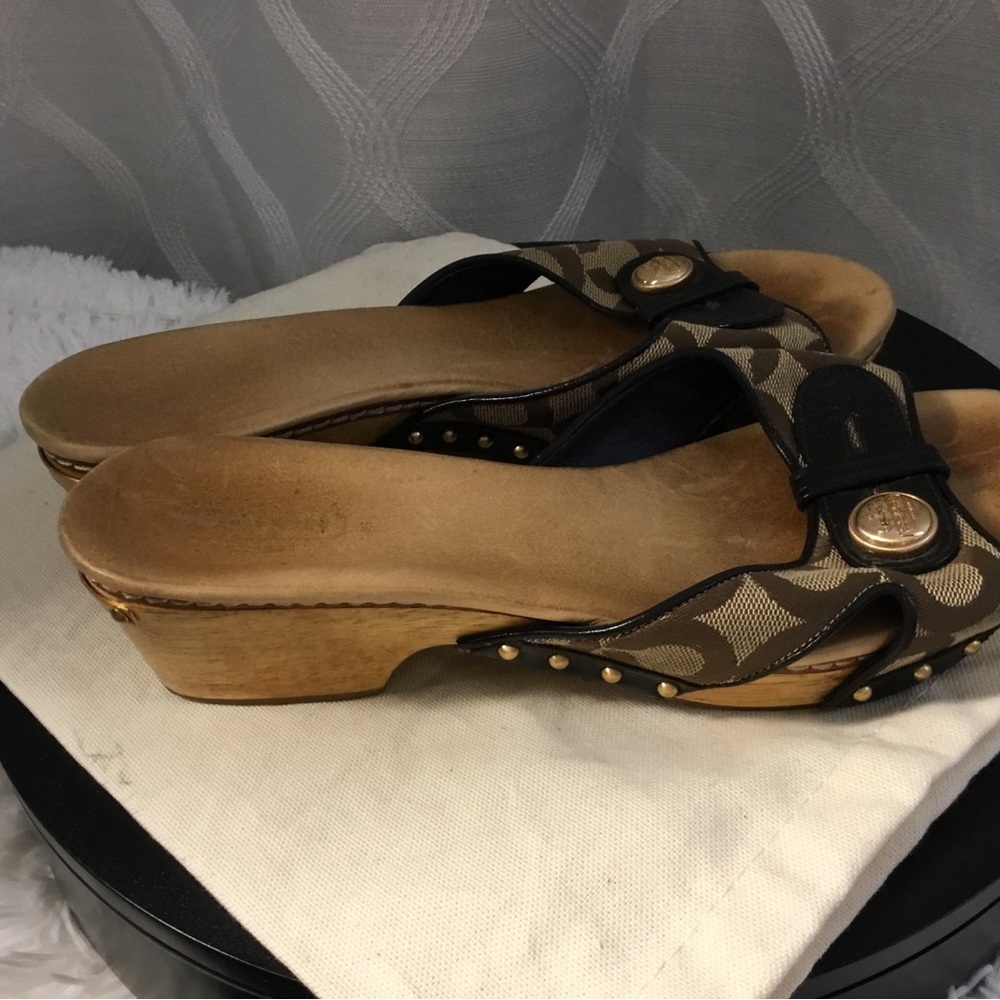 Coach Brown Signature Canvas Slide Sandals with Black Trim and Gold Buttons - Picture 8 of 8